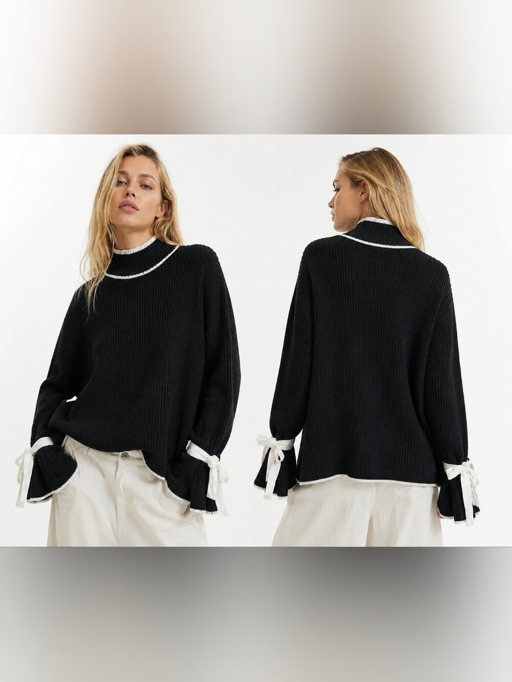 NWT Thyme & Honey Black & White Ribbed Mock Neck Bell Sleeve Sweater Oversized